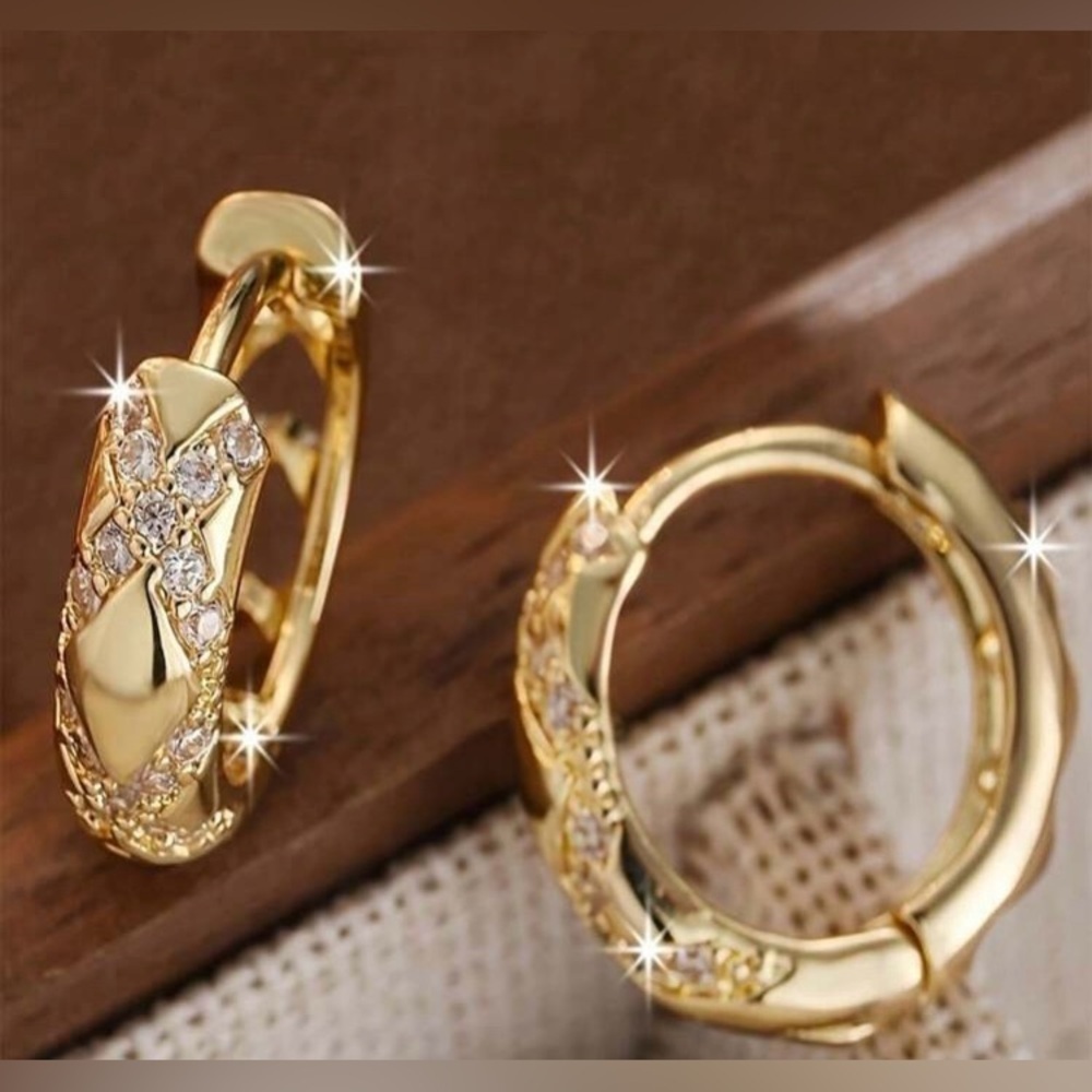 Gold & Rhinestone Huggie Hoop Earrings - Picture 4 of 5